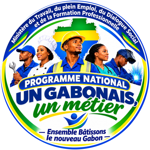 Logo officiel du Programme National « Un Gabonais, un métier » – Ministère du Travail, du Plein Emploi, du Dialogue Social et de la Formation Professionnelle